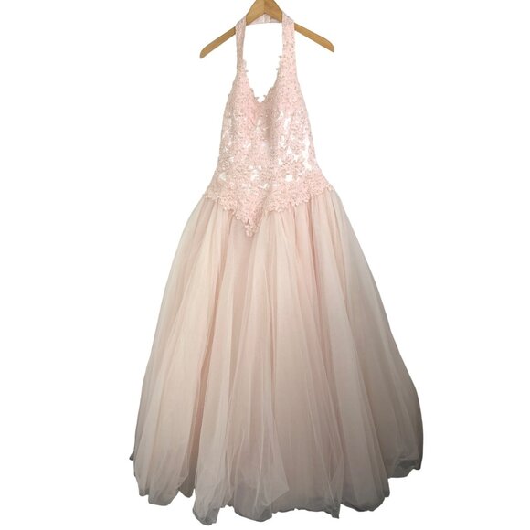 14W Davids Bridal Pink Halter Formal Gown Bead Floral Lace Tulle Dress 96280 - Picture 1 of 12
